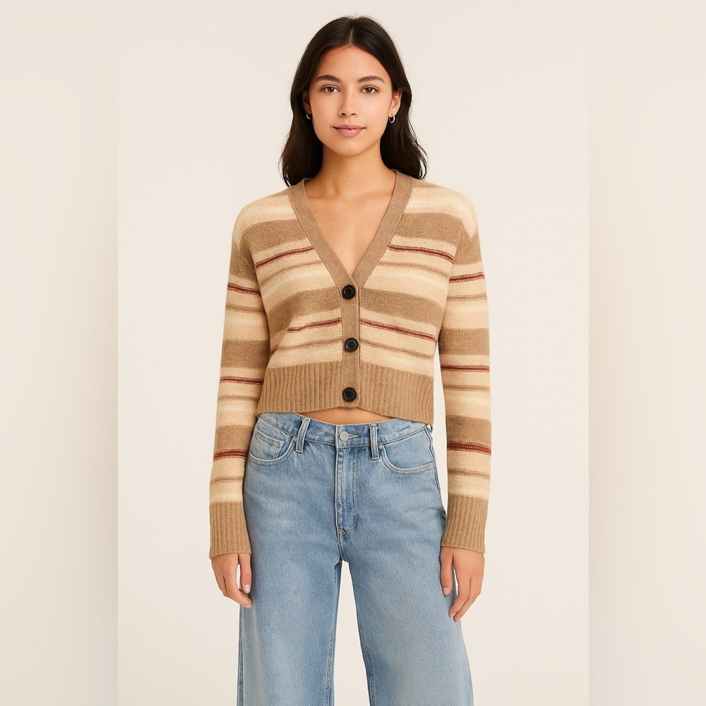 American Eagle Striped Button Front Cropped Cardigan Sweater Tan B XS S Preppy